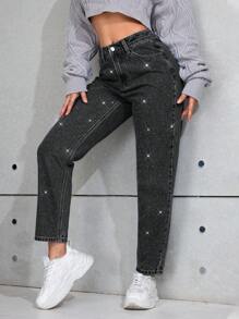 SHEIN PETITE Casual Distressed Rhinestone Cone Shaped Jeans - Dark Grey - View 3