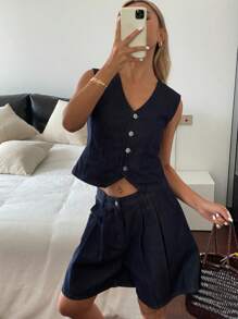 DAZY Women's Urban Style Denim Vest And Shorts 2 Pieces Set, Spring/Summer