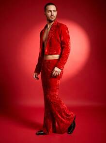 FeverCity Men's Fashionable Lapel Blazer And Bell-Bottom Suit Pants Set - Red - View 4