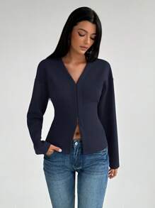 Aloruh Áo len dệt kim dài tay cổ chữ V thời trang retro màu đỏ tía cho nữ - Màu xanh hải quân - Xem 4