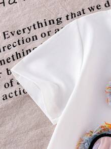 SHEIN 2pcs Young Girl Girls Casual Outfit Set - White Embroidered Cherry Knit Round Neck Tee + Pink Flared Pants, Comfortable Summer Suit For Children