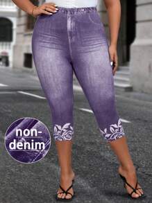EMERY ROSE Plus Denim-Effect & Floral Print Summer Leggings - Dusty Purple - View 1