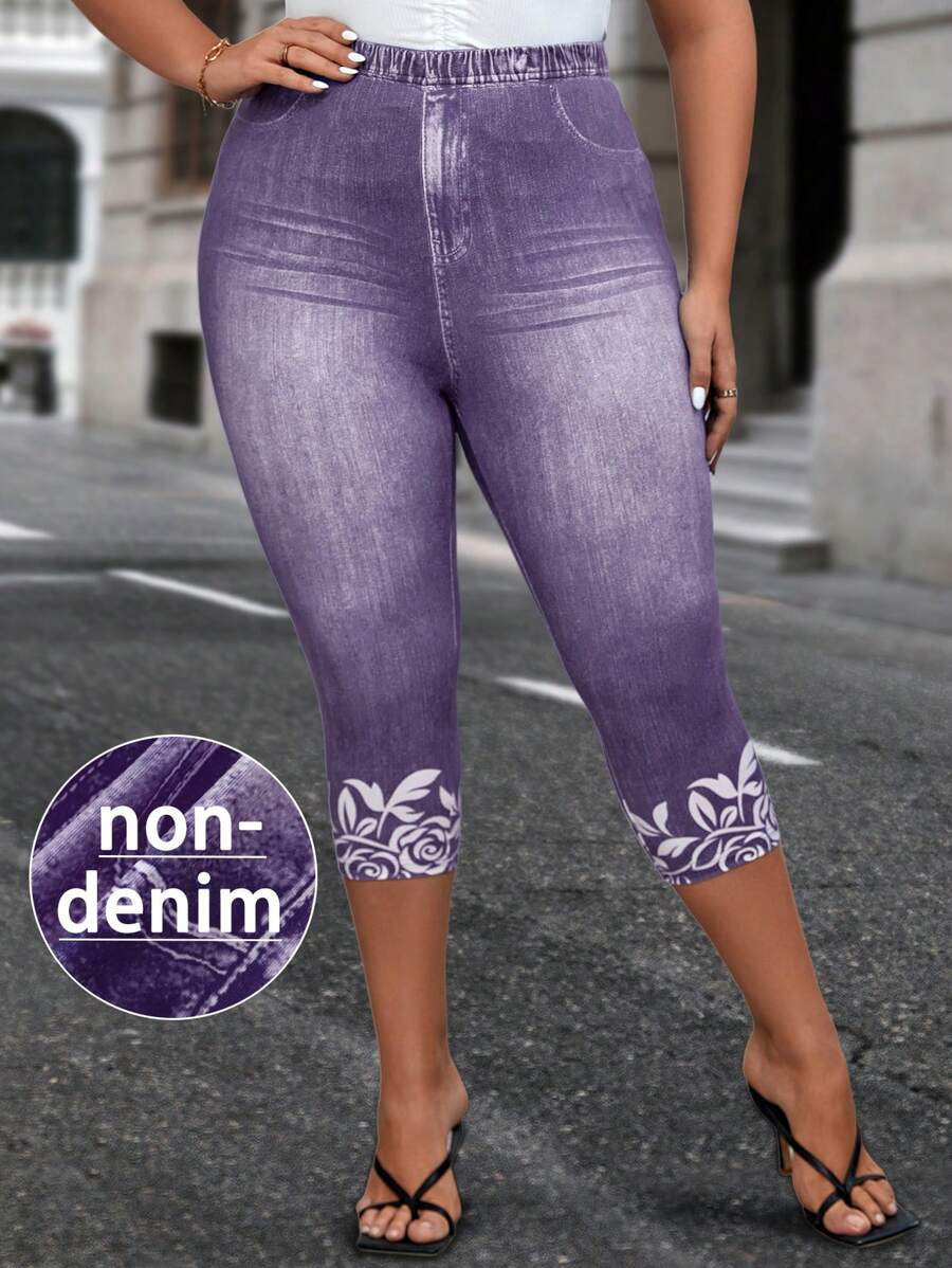 EMERY ROSE Plus Denim-Effect & Floral Print Summer Leggings - Dusty Purple - View 1
