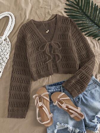 Travachic Cárdigan de vacaciones para mujer, de unicolor, de manga larga, con nudo delantero y diseño calado