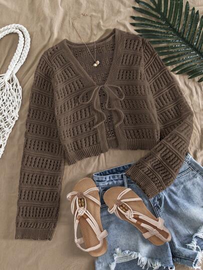 Travachic Women's Autumn/Winter  Casual Solid Color Textured Sheer Open Front Long Sleeve Cardigan, Tops For School,Long Sleeve Tops, Tops For School,Suitable For Holiday, Date, Afternoon Tea, Western, Cruise, Beach, Island, Road Trip, All Seasons, Music Festival, Boho Vacation,Bohemian Vacation,  Chill Autumn ,Western  Boho