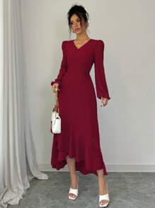 Elenzga Women's Elegant Solid Color Lantern Sleeve Ruffled Hem Dress - Red - View 3