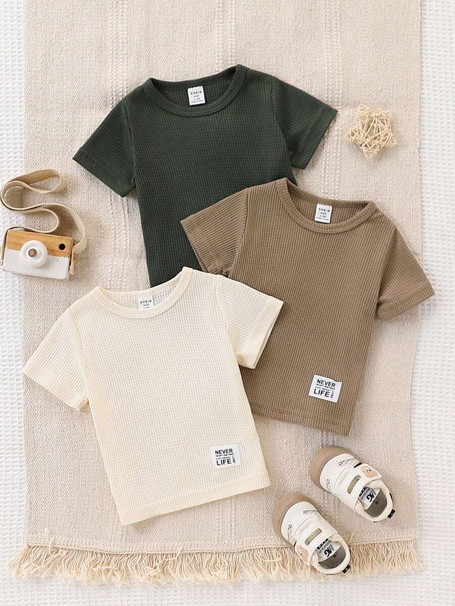 3pcs/Set Toddler Boys Casual Everyday Waffle Pattern T-Shirt With Letter & Cartoon Design, Cute & Comfortable For Spring/Summer Daily Wear & Homestyle - Multicolor - View 1
