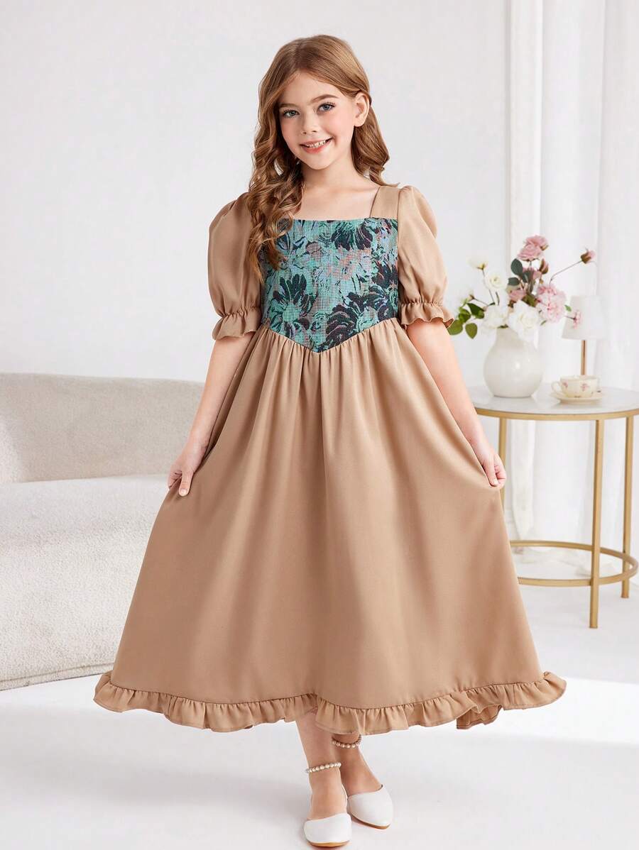 SHEIN Tween Girl Casual Street Chic Woven Short Sleeve Square Neck Dress - Khaki - View 1