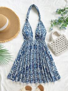 Soleia 女士度假休闲全印花挂脖迷你连衣裙 - 藍白色 - 查看 7