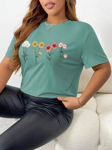 INAWLY Plus Size Women Floral Print Round Neck Short Sleeve T-Shirt, Casual For Summer - Mint Green - View 5