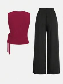 SHEIN Clasi 2 pezzi Set camisole e pantaloni da donna con collo rotondo liscio e vita attorcigliata