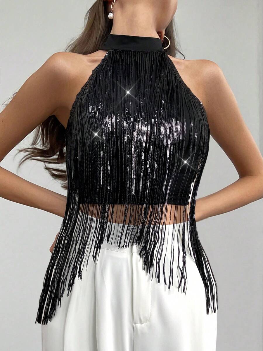 Firerie Women's Elegant Party Sexy Tassel Top - Black - View 1