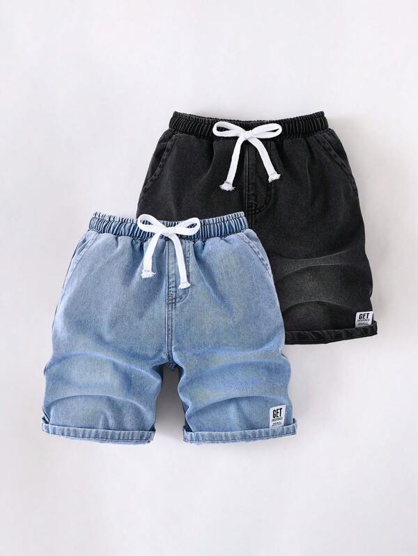 SHEIN Tween Boy 2pcs/Set Y2k Patch Details And Drawstring Elastic Waist Design Comfortable Soft Blue Black Denim Loose Straight Leg Denim Boy Shorts For Kids Clothes Boys Costume Dailywear And Kids Summer And Spring Clothes, School, Campus, College