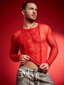 FeverCity Men's Sexy Lace Patchwork Sheer Crop Top T-Shirt - Red - View 3
