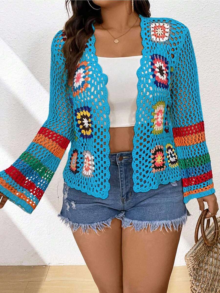 Flirla 大码女式花卉钩针开衫 - 藍色 - 查看 1
