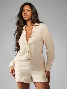 MISSGUIDED Summer Button-Down Short Romper Playsuit With Long Sleeves Casual Beach Resort Vacation Wear Spring Festival Loungewear - Khaki - View 1