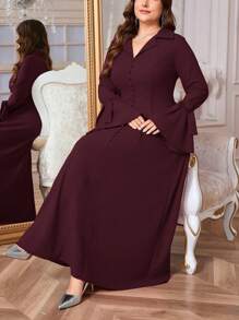 SHEIN Privé 大码女式春秋优雅 V 领荷叶边袖系带腰宽松连衣裙，红色奢华风格，女士正式连衣裙 - 中紫紅色 - 查看 1