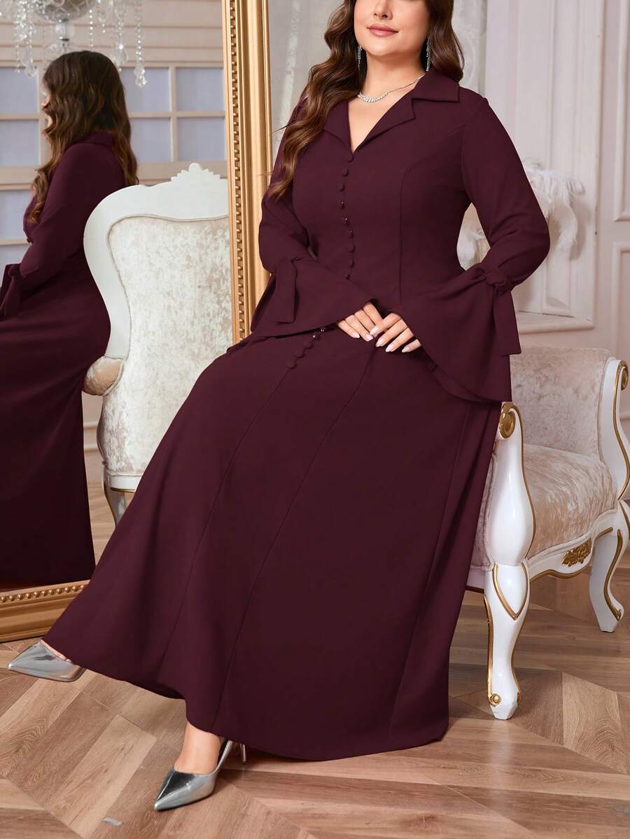 SHEIN Privé 大码女式春秋优雅 V 领荷叶边袖系带腰宽松连衣裙，红色奢华风格，女士正式连衣裙 - 中紫紅色 - 查看 1