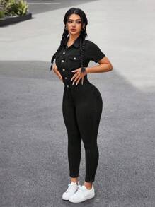 SHEIN PETITE Women's Casual Washed Slim Jumpsuit Jeans - Black - View 5