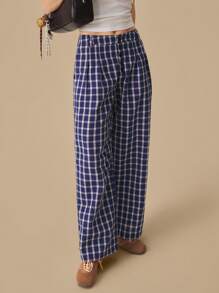SHEIN Unity Women's Plaid Straight Leg Loose Casual Pants, Versatile, Summer For Women - Blue - View 7