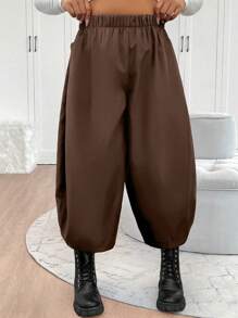 Elenzga Plus Size Casual Solid Color Elastic Waist Loose Harem Pants - Coffee Brown - View 4
