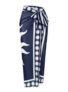 Swim Oasis 2 件装女士蓝色印花网眼超长连体泳衣带裙装夏季休闲沙滩泳衣套装