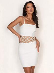 Glamine Luxe, met imitatieparels en strass versierde bodycon-slinky bandage mini-jurk voor dames, jurken voor dames, zomerjurken voor dames, witte jurken voor dames, mini-jurk,