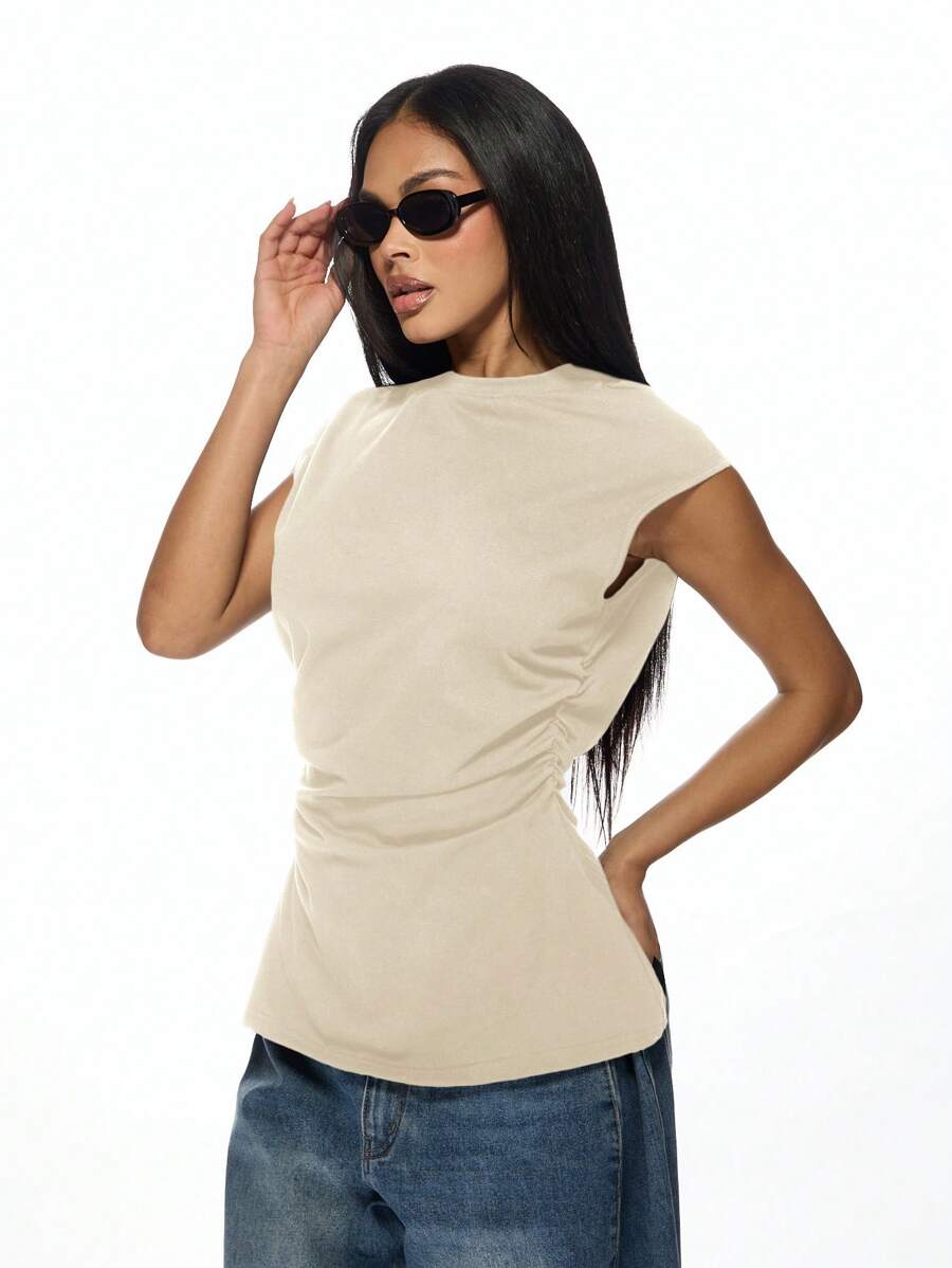 MISSGUIDED Không tay Giả cổ Xe tăng Hàng đầu Ruched Bên Chi tiết Tinh vi Cơ bản Mùa hè Giản dị Tối giản Hiện đại Thiết yếu Văn phòng Mặc Đa năng Hàng ngày - Lạc đà - Xem 1