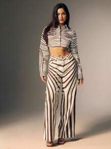 Denimoi Women's Striped Print Pocket Loose Wide Leg Casual Jeans - Dark Wash - View 5