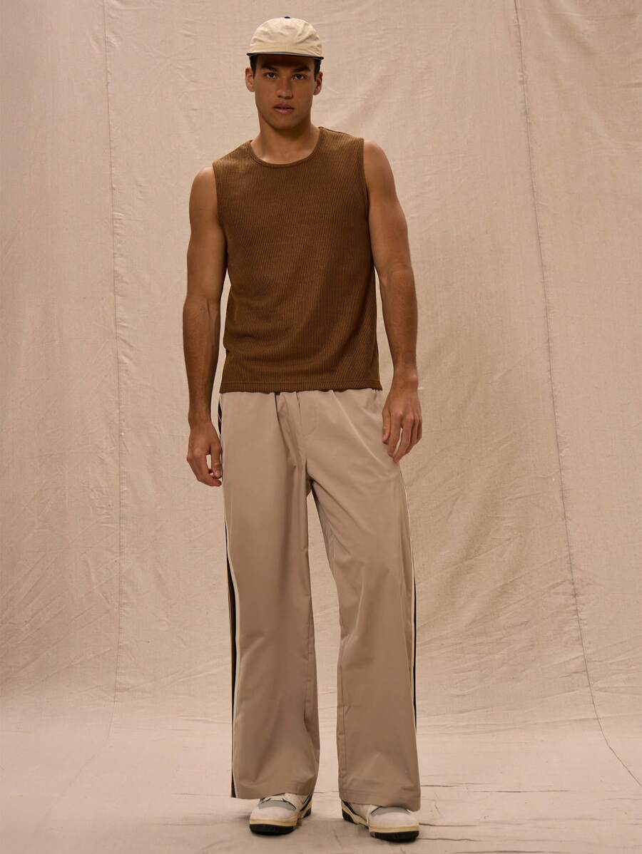 Musero Pantalones jogger de pierna recta con ajuste holgado y ribete lateral de contraste en la cintura elástica - Caqui - Ver 1