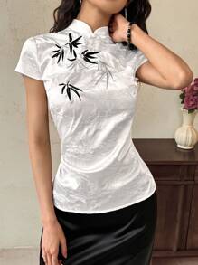 EastFlair Women's Elegant Embroidery Jacquard Button-Up Collar T-Shirt - White - View 4