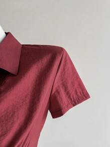 Elamini 纯色复古蕾丝拼布纯色修身短袖女式衬衫