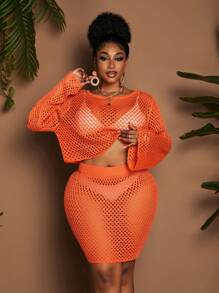 Maweii Plus Size Women Openwork Sweater Top & Openwork Skirt Elegant Vacation Knit Set - Orange - View 6