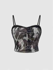 ROMWE Grunge Punk Y2K Baddie 夏季女式迷彩亮片蕾丝拼接吊带背心，百搭 - 彩色 - 查看 1