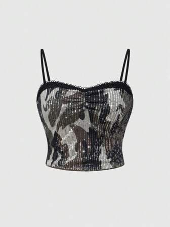 Grunge Punk Top de tirantes versátil con estampado de camuflaje y encaje con lentejuelas para mujer, estilo Y2K Baddie de verano