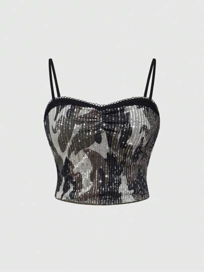 Grunge Punk Canotta da donna Y2K Baddie estiva con scollo a V, in tessuto mimetico e pizzo con paillettes, versatile