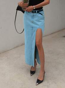 DAZY Women's Long Casual Denim Skirt With Pockets And Side Slit Hem Jeans Skirt - Light Wash - View 7
