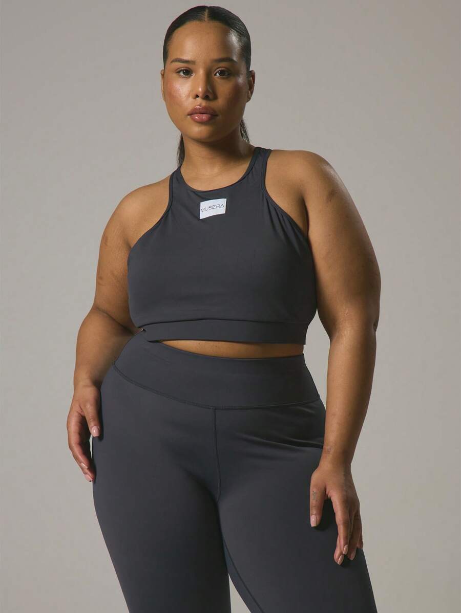 MUSERA Plus Racer Neck Branded Patch Fitted Crop Top For Gym Active Workout Sport Casual Gym Fitness - Navy Blue - View 1