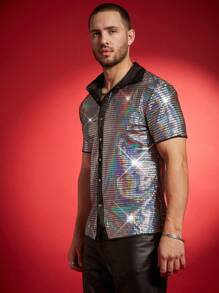 FeverCity Chemise de soirée à la mode pour homme, effet métallisé laser