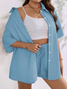 SHEIN Clasi 2pcs/Set Plus Size Women Solid Color Short Sleeve Button-Down Shirt And Shorts Set - Blue - View 7