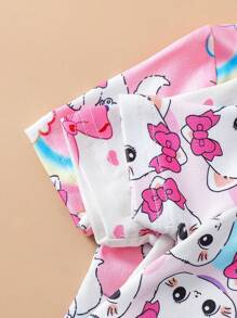 3 件套女婴舒适休闲睡衣套装，全身海洋生物印花圆领 T 恤和短裤 - 彩色 - 查看 4