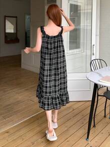 DAZY 格子荷叶边吊带睡袍，带蝴蝶结装饰，返校服睡衣 - 黑色 - 查看 2