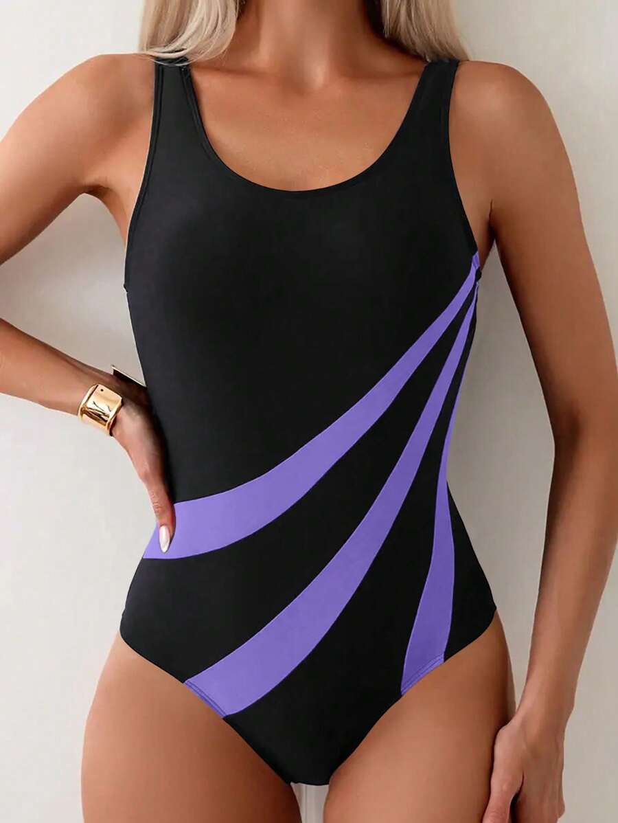 Swim SPRTY Women's Vacation Beach Colorblock Striped One-Piece Swimsuit For Summer - Purple - View 1