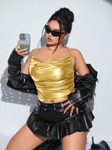 SHEIN ICON ICON Plus Size Draped Front Crisscross Backless PU Leather Cami Going Out Tops - Gold - View 4