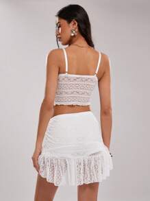 SHEIN BAE Damen elegantes Einfarbig Spitzen Raffung Kurzes Trägertop - Weiss - Übersicht 2