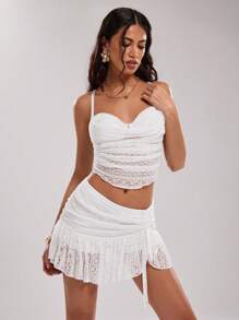 SHEIN BAE Damen elegantes Einfarbig Spitzen Raffung Kurzes Trägertop - Weiss - Übersicht 5