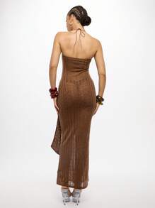 SUMWON WOMEN Đầm maxi ôm sát dệt kim kiểu thang, cổ yếm, thắt dây bên hông, hoàn hảo cho các sự kiện và tiệc tối, thiết kế họa tiết gân. - màu nâu - Xem 2