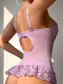 PetitDoll 情人节 4 件套紧身胸衣性感蕾丝对比网眼荷叶边系带文胸和吊袜带丝袜内衣外衣外出 - 淡紫色 - 查看 2