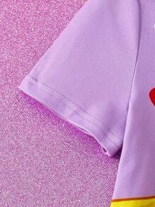 The Winx X SHEIN Young Girl Cartoon Magic Fairy Princess & Heart Print Purple Short Sleeve T-Shirt + Rainbow Mesh Puff Skirt Sweet Casual 2-Piece Set