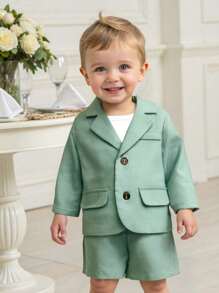 SHEIN 2pcs/Set Infant Boys/Girls Sage Green Summer Casual Long Sleeve Suit Jacket & Shorts Set,Gentleman Outfit,Wedding Guest,Christening,1st Birthday Party - Green - View 8